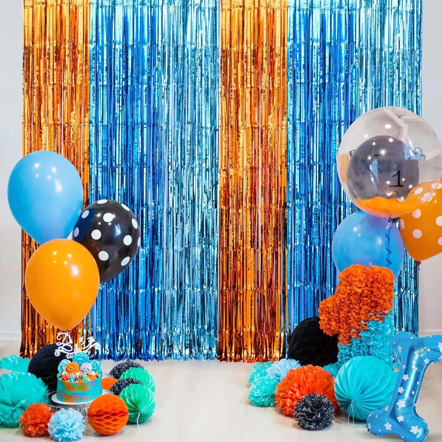 Pet Supplies Vending Machine - Orange Blue Dog Foil Fringe Curtains